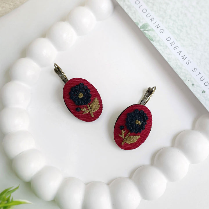 Hand Embroidered Merry Maroon Bronze Tone Earrings