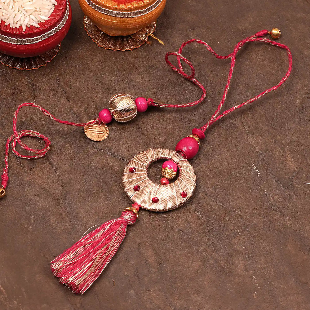 Handmade Beaded Gota Patti Bhaiya Bhabhi Rakhi With Roli Chawal Set Of 2 - Flat Lay with Decorative Elements