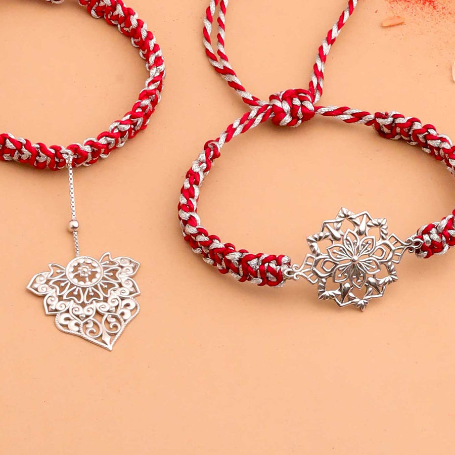 Handmade Fligree Design Silver Bhaiya Bhabhi Rakhi - Close-up of two bracelets