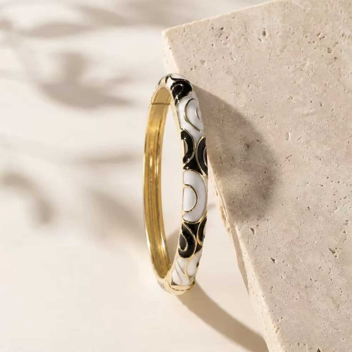 Handcrafted Paisley Swirl Enamel 18K Gold Plated Stainless Steel Openable Bangle - Black & Ivory
