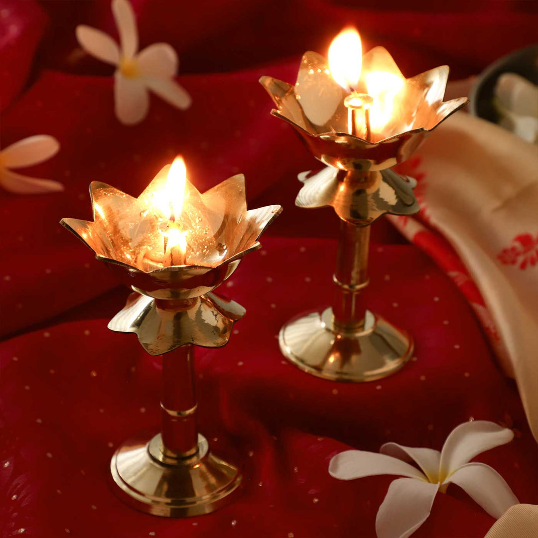 2 pc | Lotus Brass Oil Lamp With Pedestal Stand For Festive Decor