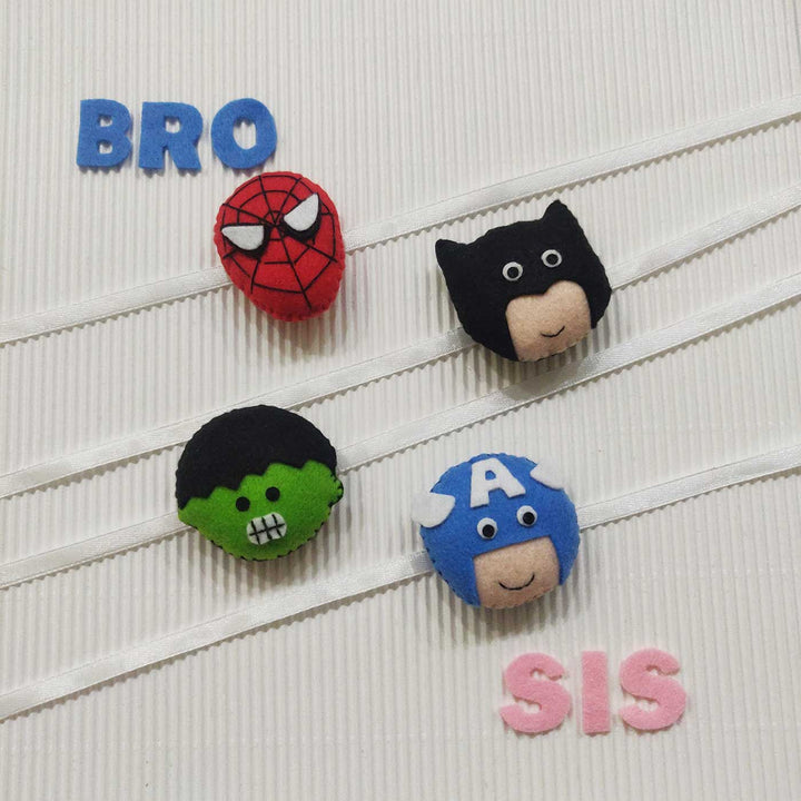 Handmade Hulk Theme Felt Kids Rakhi With Roli Chawal - Multiple Character Brooches with Letters