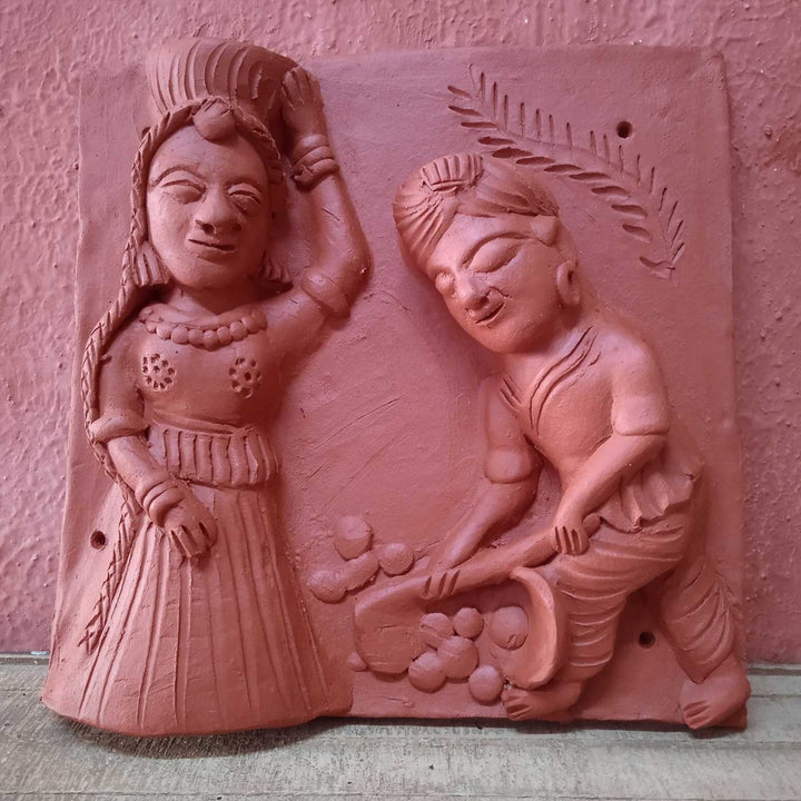 9 x 9 Inch | A Couple In Farm | 3D Handmade Terracotta Molela Mural Wall Art Tile