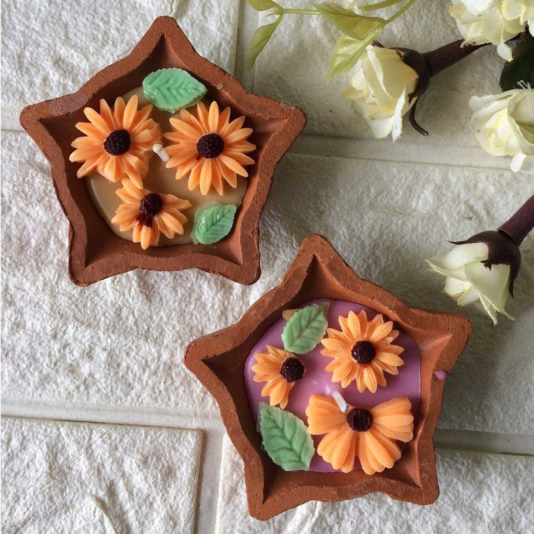 4 pc | Handmade Orange Floral Diya Shaped Terracotta Candle