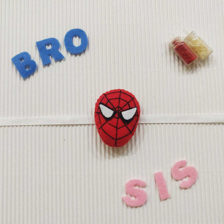 Handmade Spiderman Theme Felt Kids Rakhi With Roli Chawal 10 - Front View with Text Props