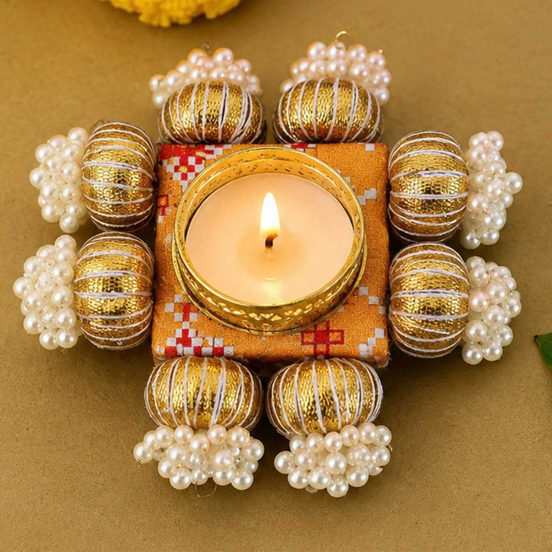 5 Pc | Handcrafted Reversible Gota Patti & Patola Print Square Tealight Holder With Pearl Beads
