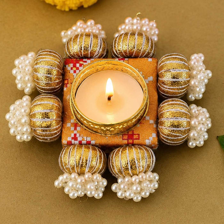 5 Pc | Handcrafted Reversible Gota Patti & Patola Print Square Tealight Holder With Pearl Beads