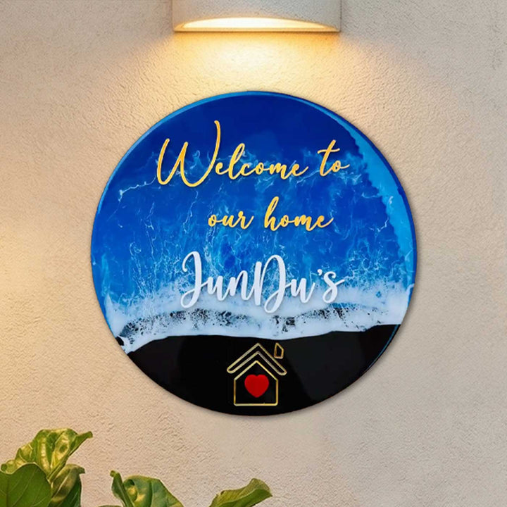 Dark Blue Personalized Ocean Effect Round Resin Name Plate | With 3D Acrylic Letters & House Symbol