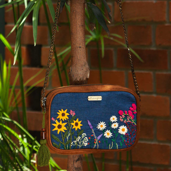 Personalized Embroidered Garden Denim Vegan Suede Sling Bag