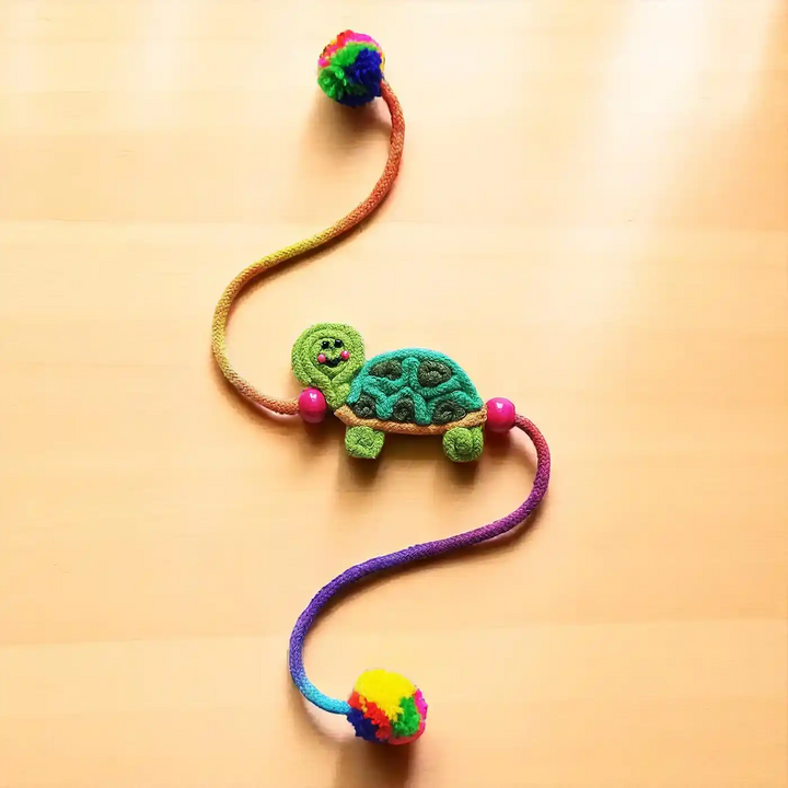 Handmade Dori Work Cute Tortoise Kids Rakhi With Roli Chawal - Full Product View on Surface