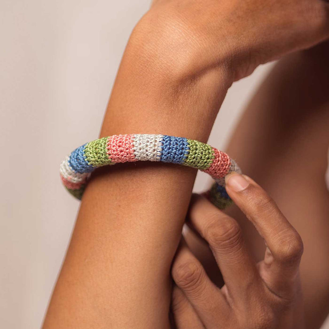 Handmade Crochet Rangat Orange Green And Blue Stripes Bangle