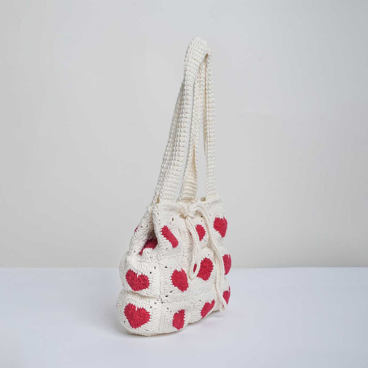 Handmade Crochet Heart Design Cotton Handbag