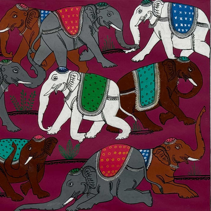 16 X 12 Inch | Handmade Silk Elephant Herd Painting