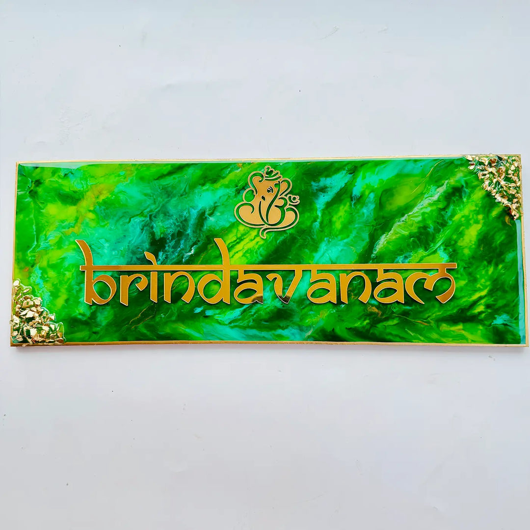Green & Gold Personalized Marble Effect Rectangle Resin Name Plate | With 3D Acrylic Letters & Gold Stone Embellishment