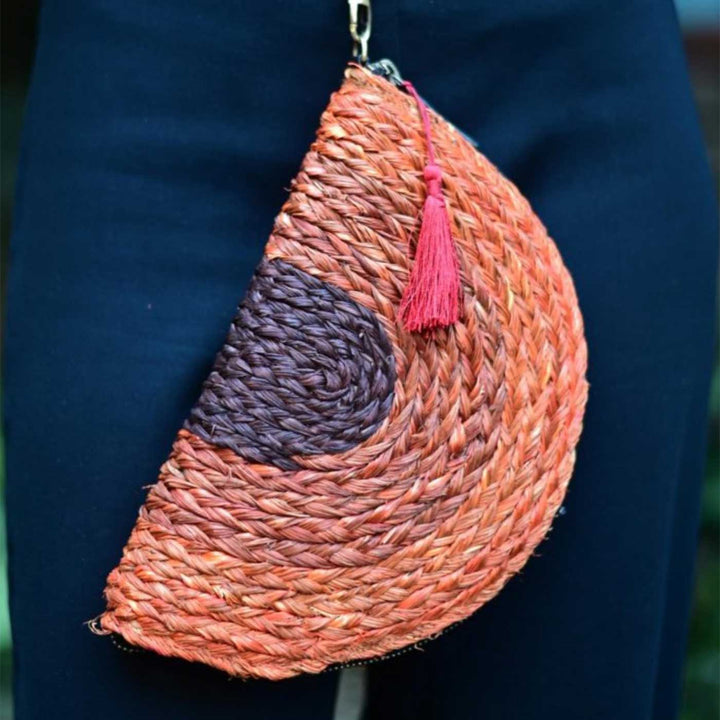 Handmade Grass Woven Rustic Earth Tones Sabai Orange Clutch