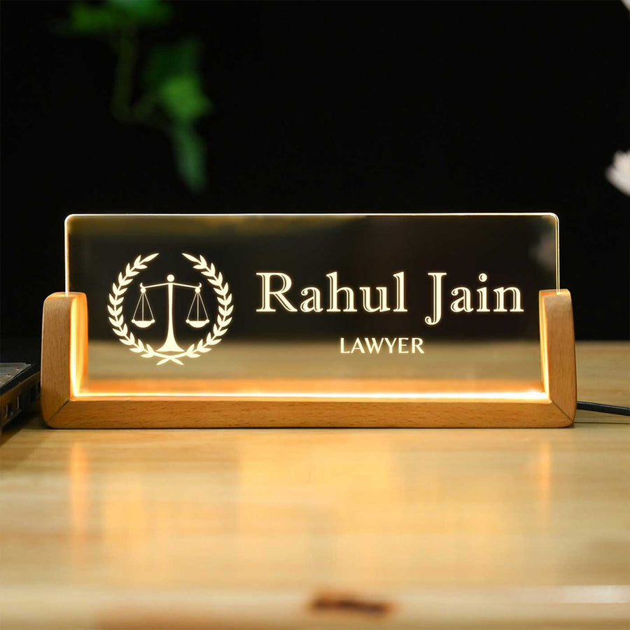 Personalized Lawyer Sleek Glass Desk Nameplate With Led Light - Front View with Lighted Base