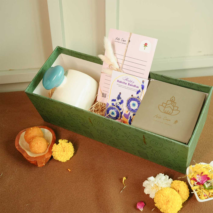 Personalized Handmade Chai Lover Theme Rakhi Hamper Includes 1 Gift Box 1 Mug 2 Rakhis 1 Roli Chawal 1 Candle And 1 Message Card - Gift Set with Contents
