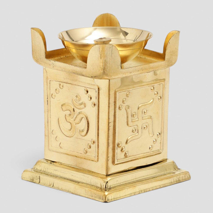 Om & Swastik Brass Tulsi Oil Lamp With Built-in Stand For Festive Decor
