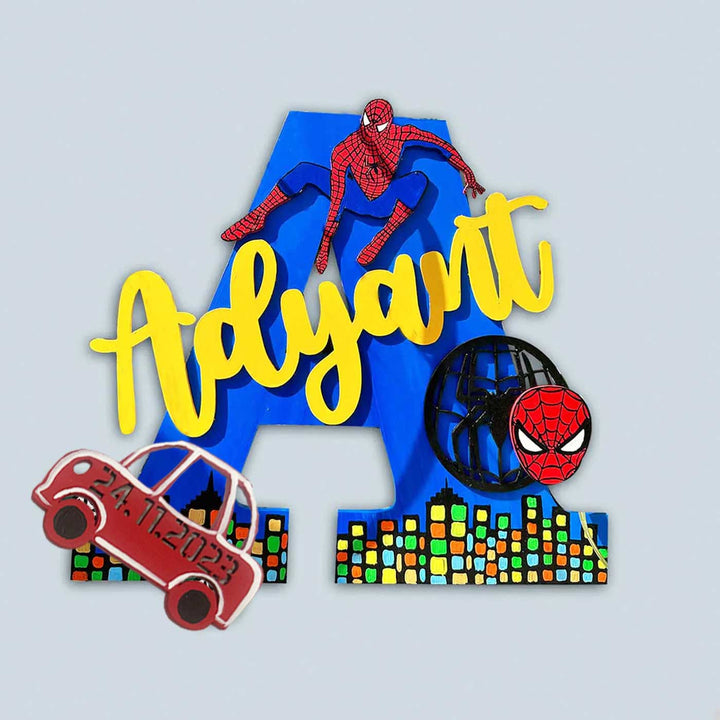 Hand Painted Personalised Kids Spiderman Themed Monogram Name Plate 1 - Name Personalization Example Front View