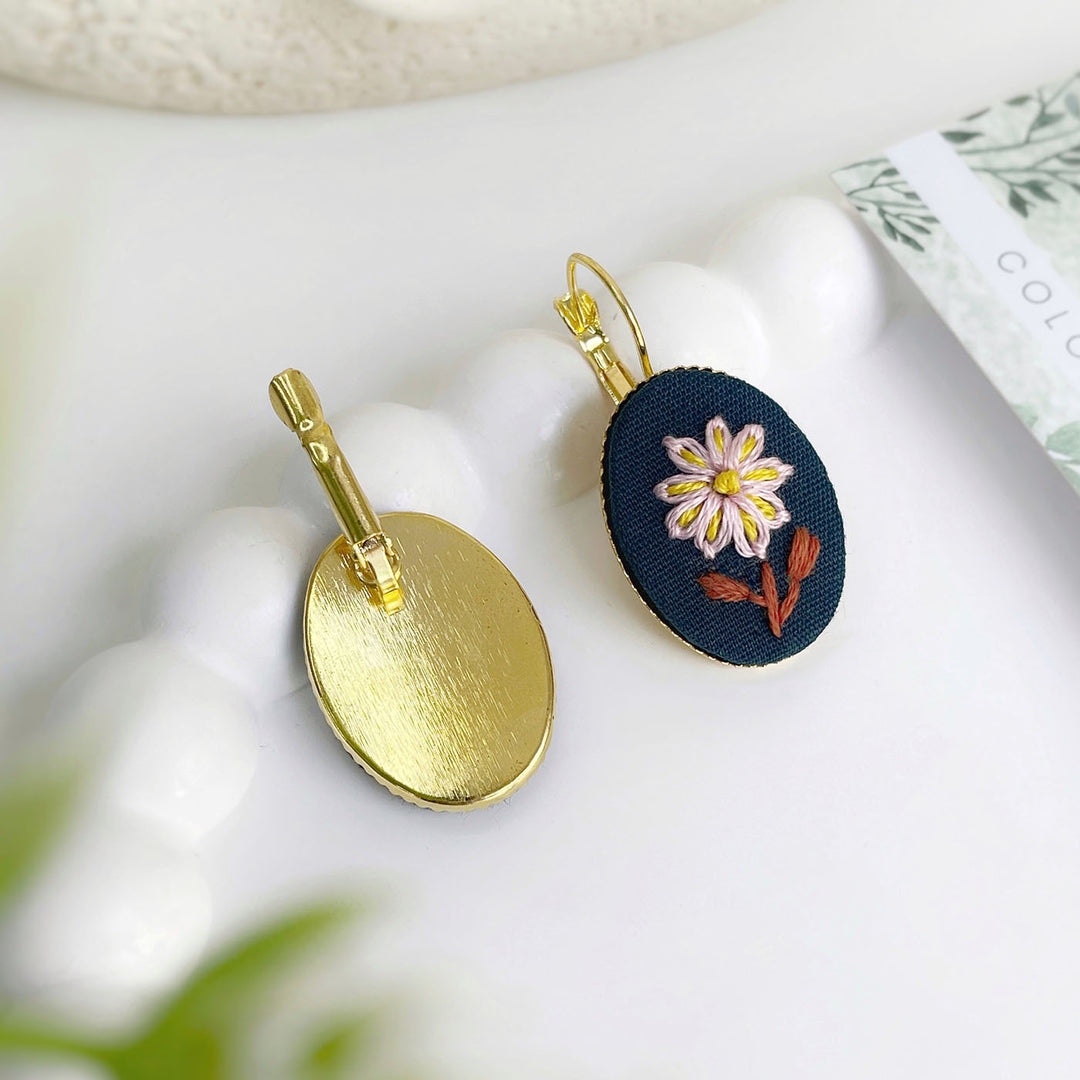 Hand Embroidered Twilight Bloom Golden Tone Earrings