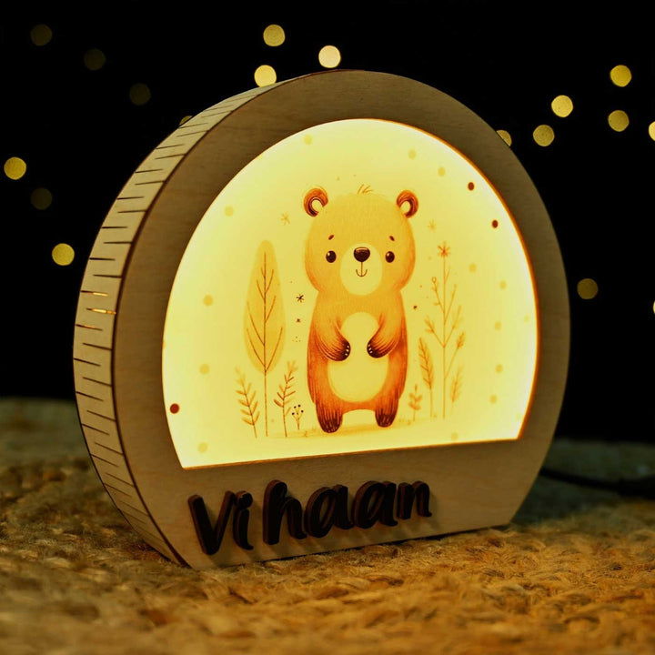 Personalized Bear Theme Wooden Table Lamp For Kids With 3D Letters