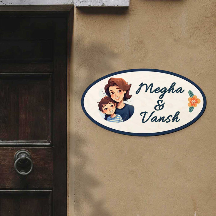 Personalized Mom And Kid Mdf Wood Name Plate - Mounted on Exterior Wall Beside Door