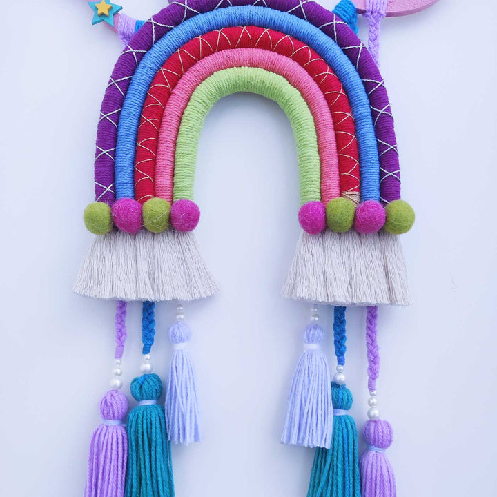 Personalized Handmade Macrame Cloud Rainbow And Tassels Kids Name Plate With 3D Letters - Front View Hanging Wall Decor