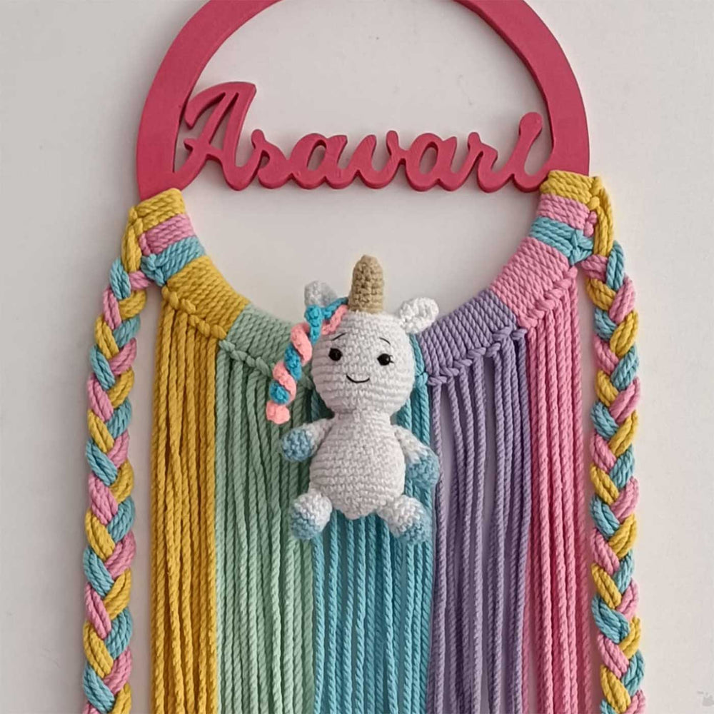 Personalized Multicolour Macrame Unicorn Theme Name Plate - Front View Hanging on Wall