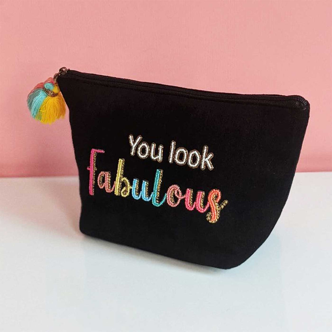 Handmade Embroidered You Look Fabulous Design Velvet Pouch
