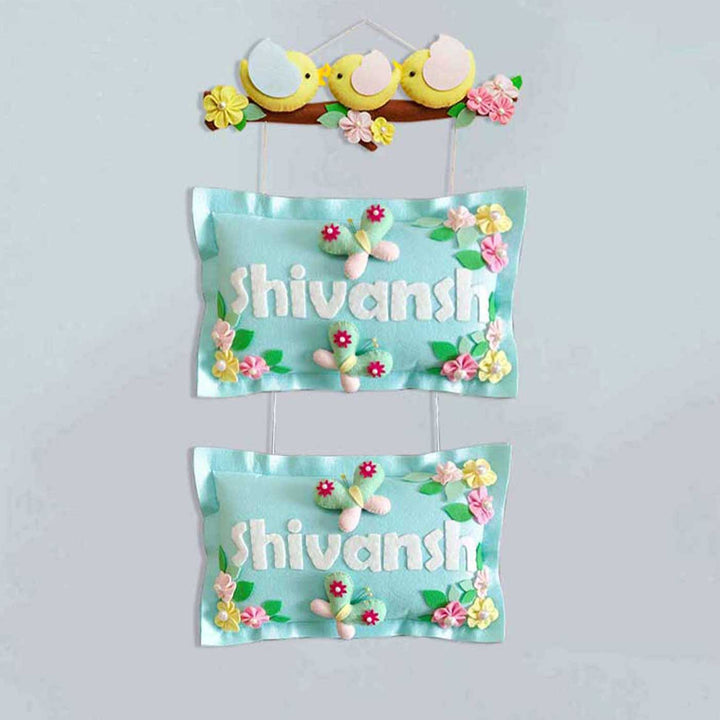 Hand Stitched Bird Themed Felt Kids Name Plate 1 - Hanging Wall Decoration Front View