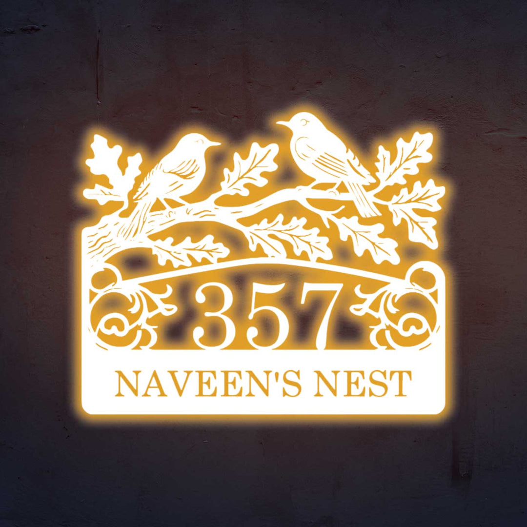 Personalized Laser Cut Birds Theme Steel Name Plate - Illuminated Front View Mounted