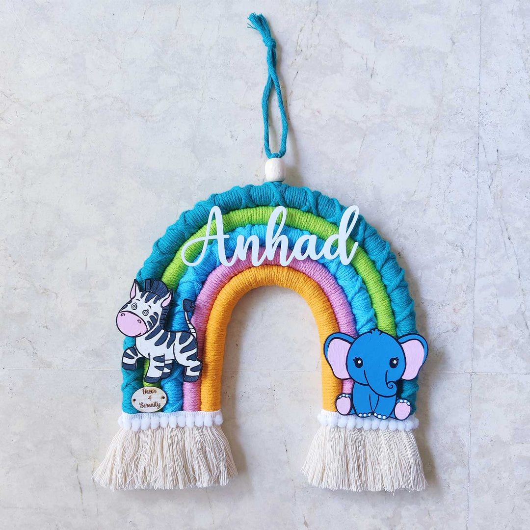 Personalized Handmade Macrame Jungle Rainbow Kids Name Plate With 3D Letters - Front View Hanging from Loop