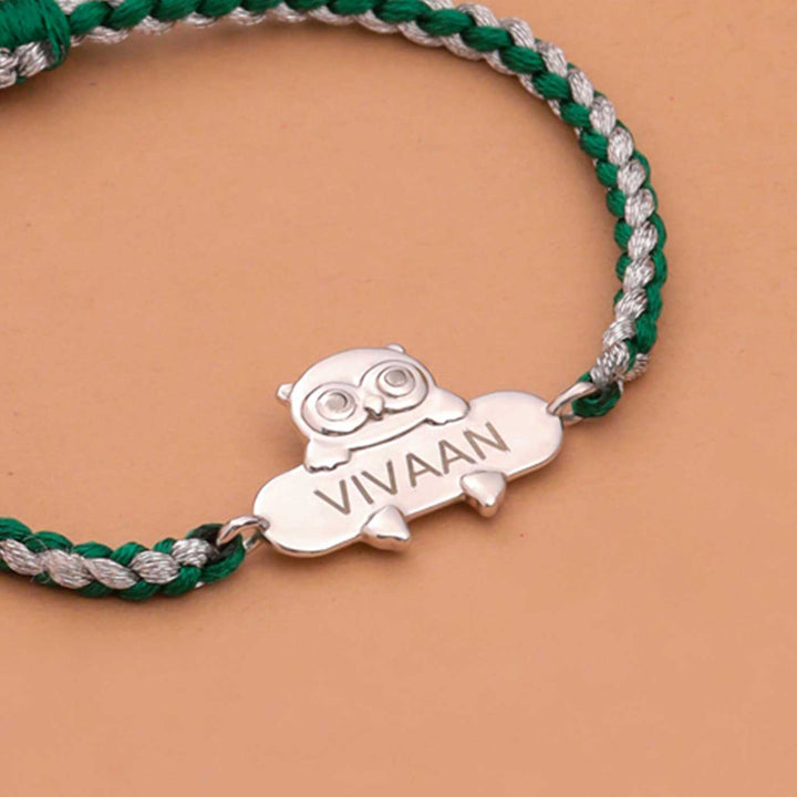Personalized Handmade Owl Design Silver Kids Rakhi - Alternate Close-up Angle