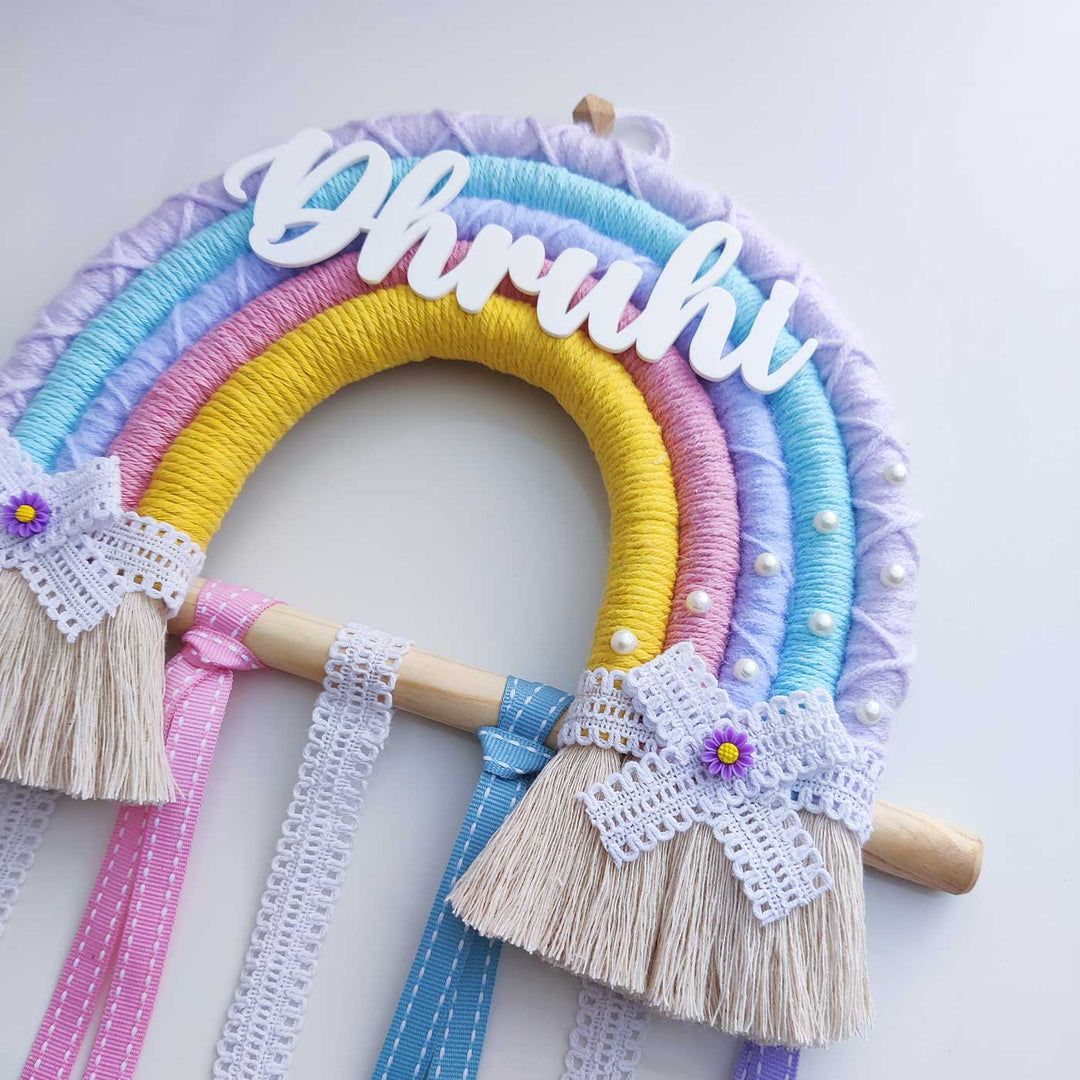 Personalized Handmade Macrame Rainbow Kids Hair Accessory Holder