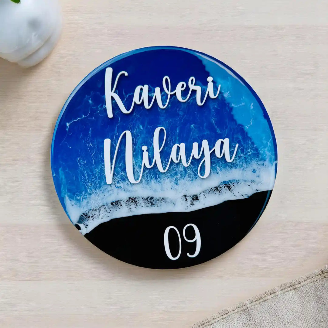 Dark Blue Personalized Ocean Effect Round Resin Name Plate | With 3D Acrylic Letters