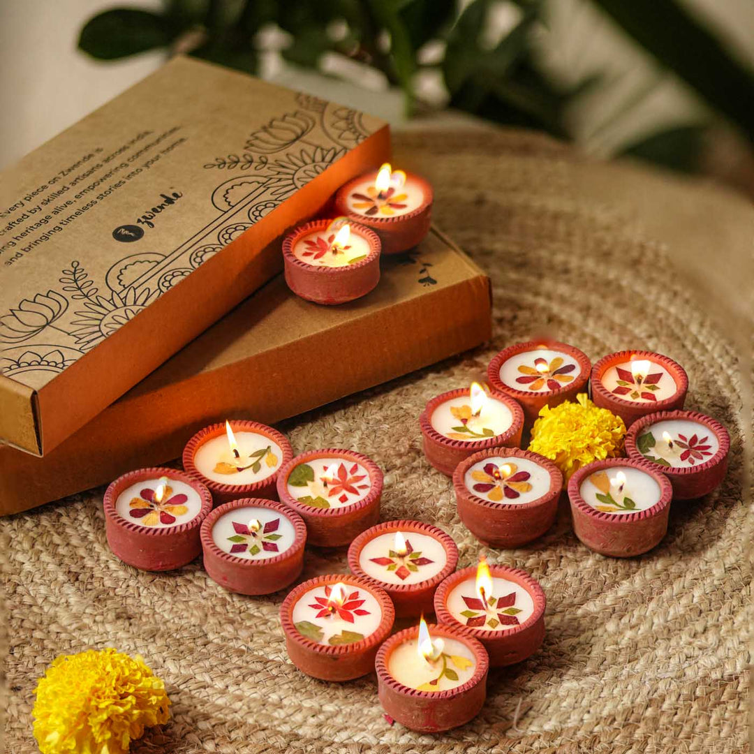16 Diyas | Soy Wax & Dry Flower Terracota Festive Diyas | 2 Boxes, 8 Diyas per Box