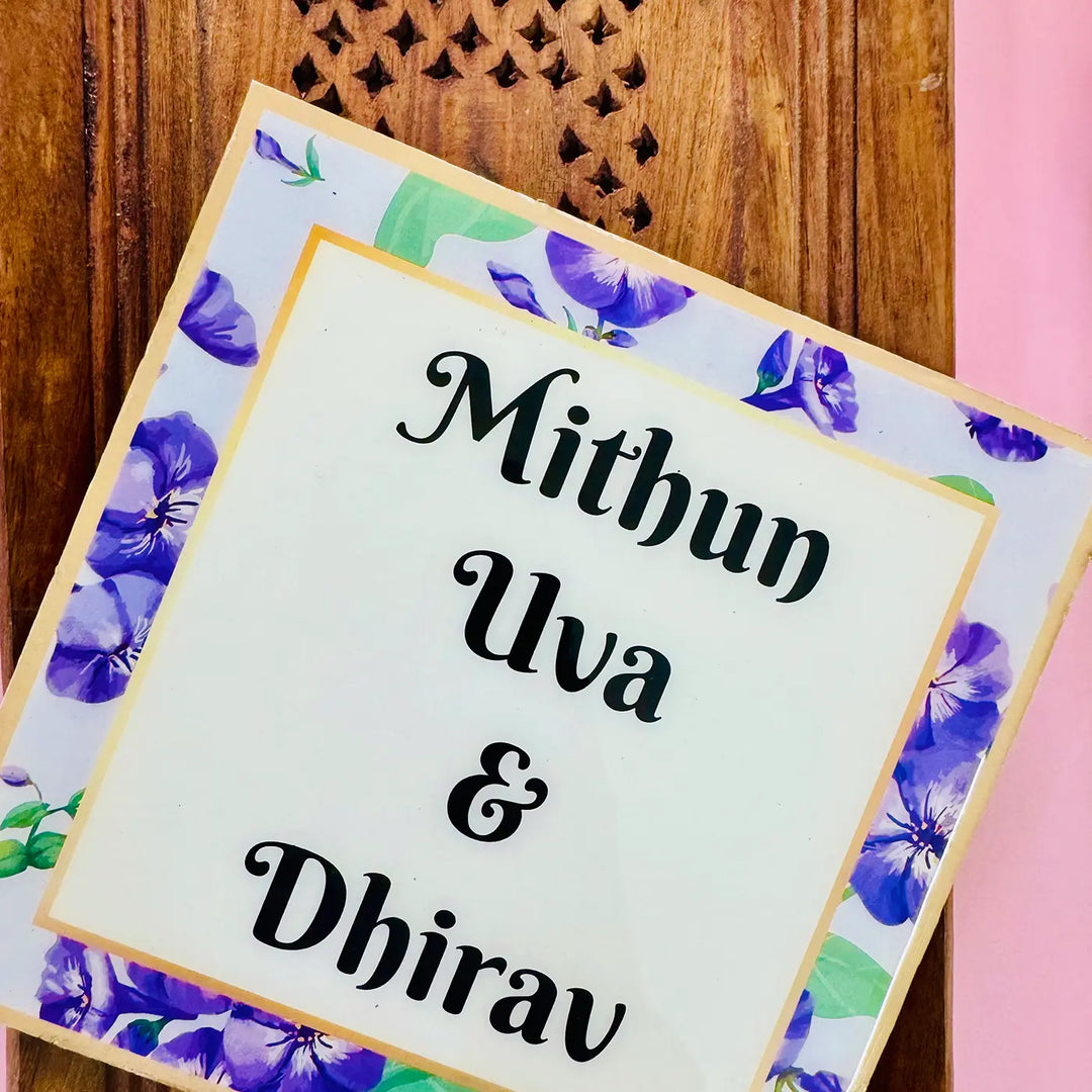 Blue Botanical Personalized Printed Square Resin Name Plate