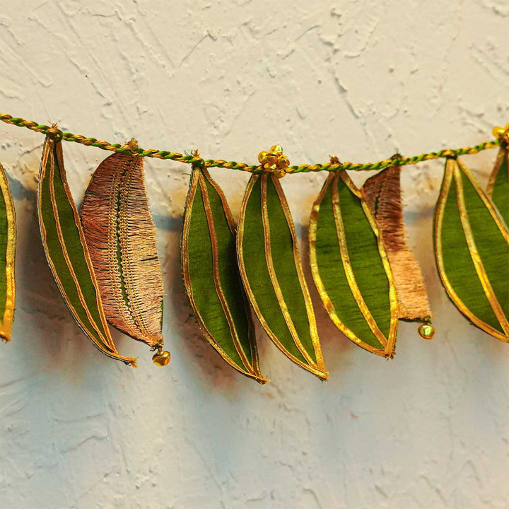 Handmade Mango Leaf Aam Patta Silk Toran With Ghungroo Bells, Lace & Shola Buds