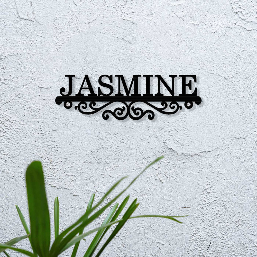 Personalized Laser Cut Minimal Design Steel Name Plate - Mounted on Textured Wall