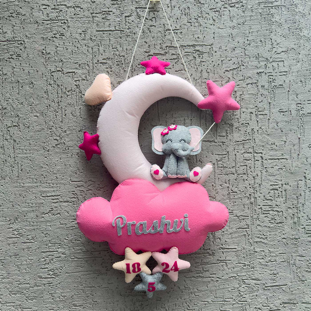 Personalized Handmade Elle On The Cloud Bow Felt Name Plate For Kids - Hanging Wall Decoration Front View
