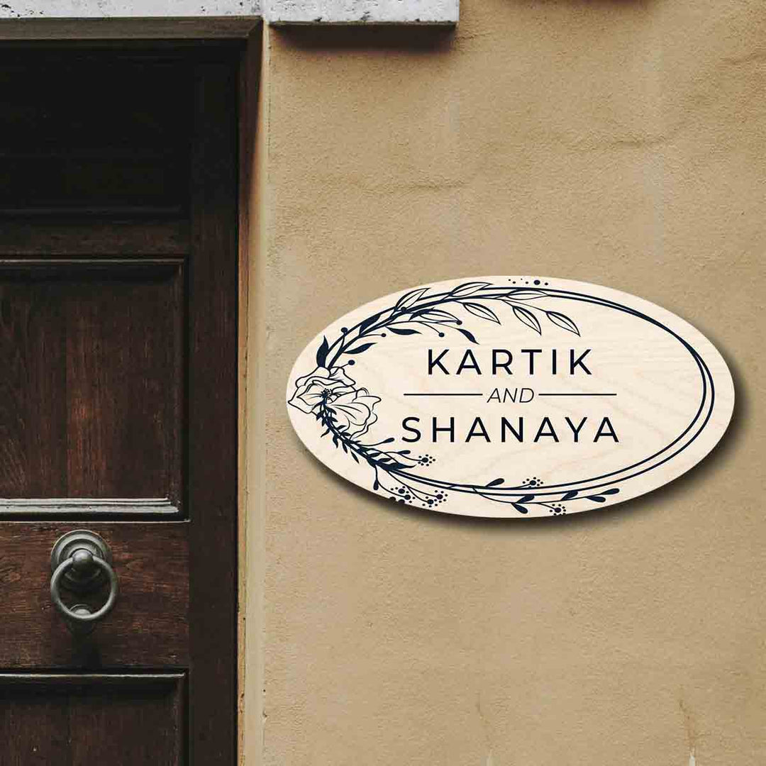 Printed Floral Wooden Oval Nameplate For Couples - Mounted on Entryway Wall