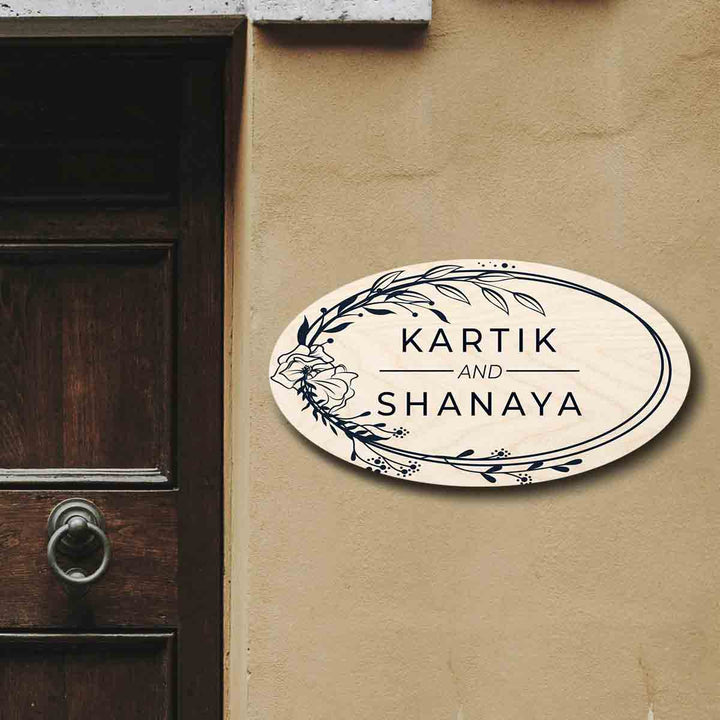 Printed Floral Wooden Oval Nameplate For Couples - Mounted on Entryway Wall