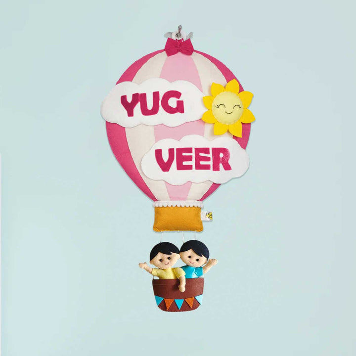 Hand Stitched Hot Air Balloon Felt Kids Nameplate With Birthdates - Front View Hanging Display