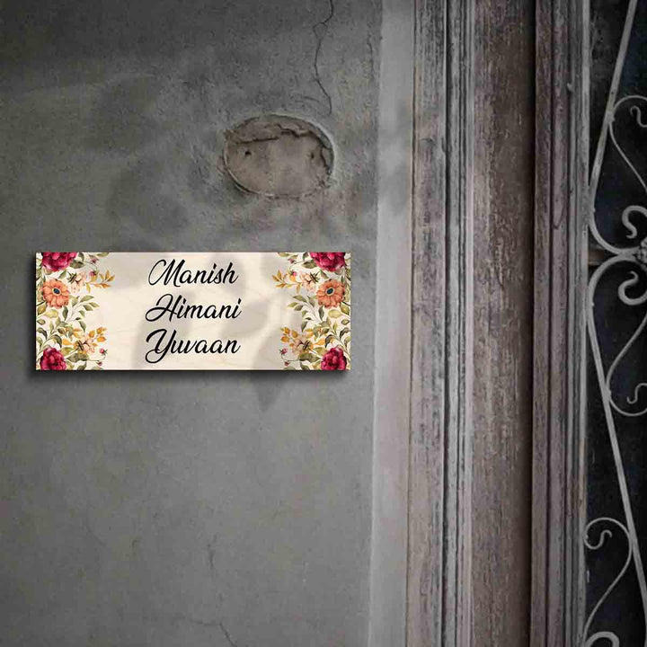 Printed Floral Wooden Rectangle Nameplate For Couples - Mounted on Entryway Wall