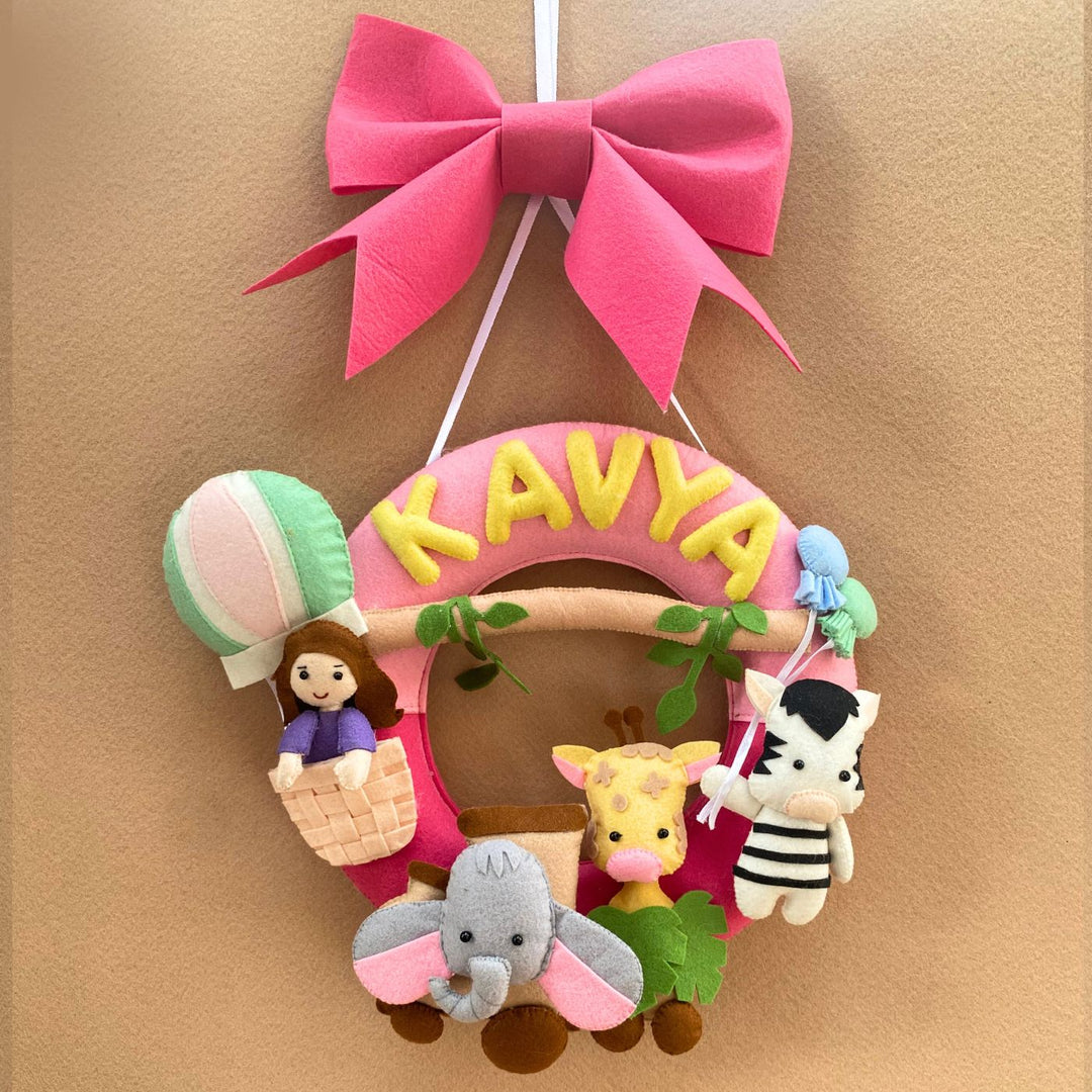 Personalized Kids Jungle Themed Round Felt Nameplate For Girls - Hanging Name Personalization Example