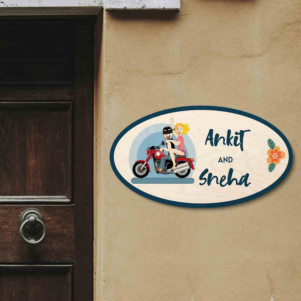 Printed Wooden Oval Character Nameplate For Couples 1 - Mounted on Exterior Wall Near Door