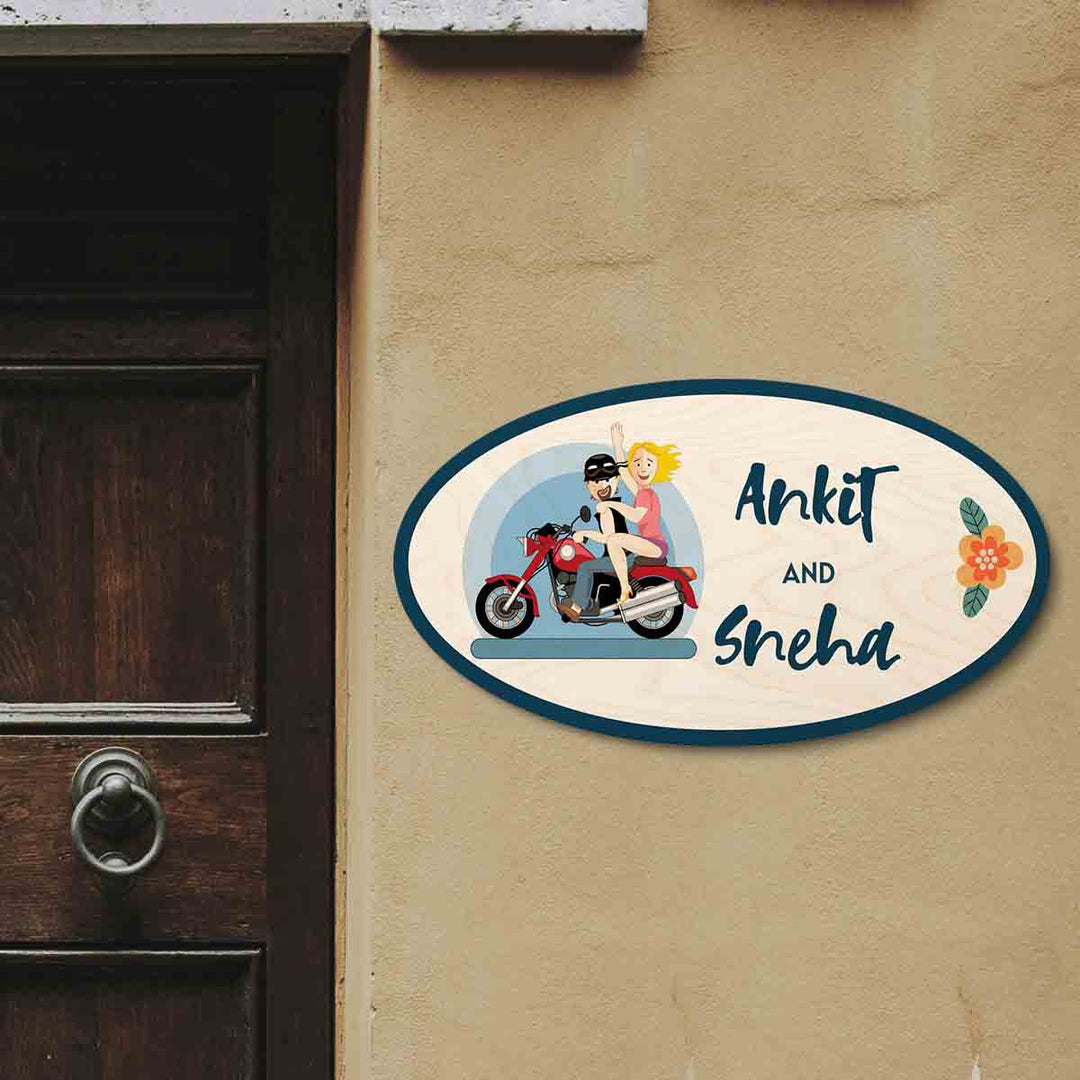 Printed Wooden Oval Character Nameplate For Couples 1 - Mounted on Exterior Wall Near Door
