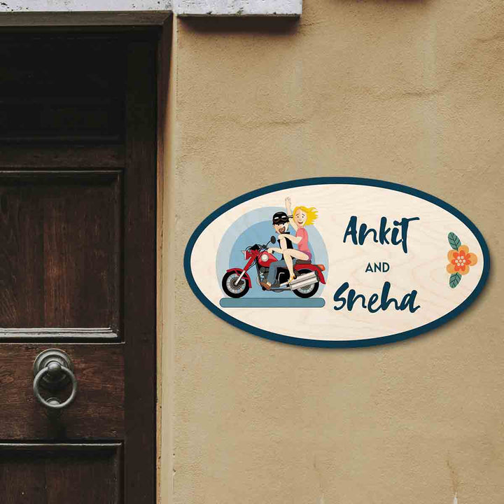 Printed Wooden Oval Character Nameplate For Couples 1 - Mounted on Exterior Wall Near Door