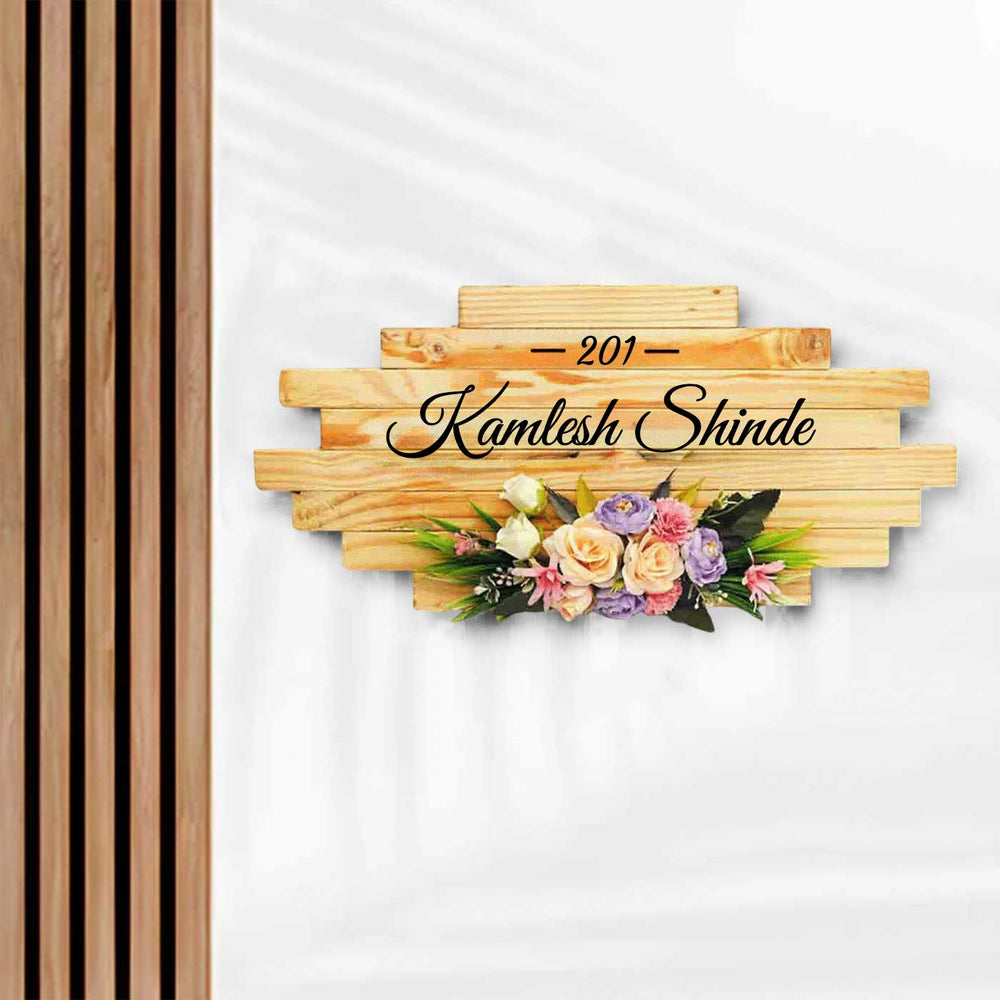 Personalized Handmade Floral Wooden Name Plate With 3D Letters - Front View with Personalized Name and Flowers