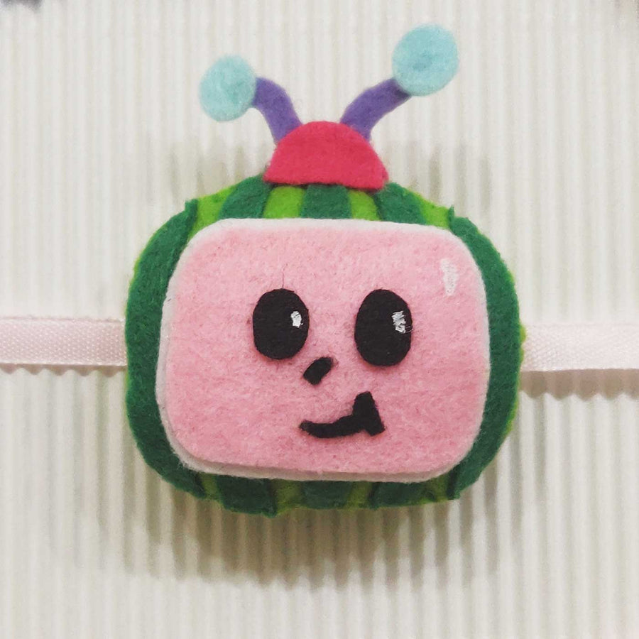 Handmade Cocomelon Theme Felt Kids Rakhi With Roli Chawal - Close-up Front View